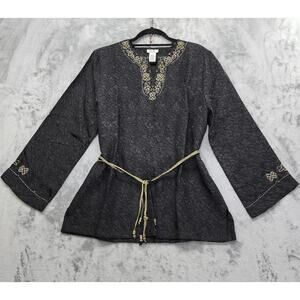 Vintage Graff Beaded Embroidered Tie Rope Belted Tunic Top Size L Black Gold